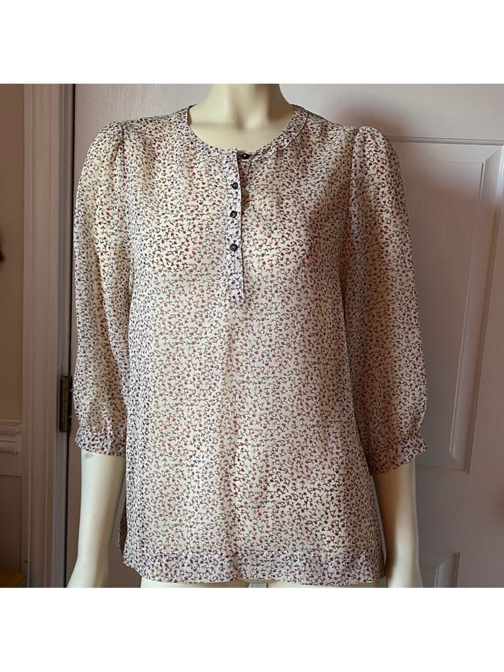 LA Made Sheer Floral Blouse Peasant Top Beige/ Cream